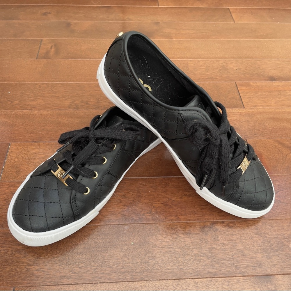 G by Guess | Black and gold quilted leather lace-up sneakers | Size 9M